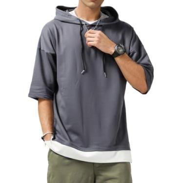 Imagem de Covisoty Camiseta masculina de manga curta com capuz de algodão macio que absorve a umidade, casual, patchwork, moletom com capuz unissex, Cinza escuro, M