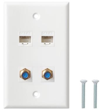 Imagem de Placa de parede coaxial Ethernet - Placa de parede tipo Cat6 F, 2 portas Cat6 Keystone e conector tipo F de 2 portas - Branco