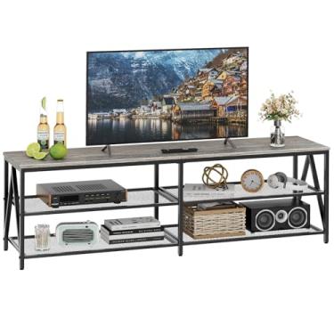 Imagem de Katrawu Suporte de TV para TVs de até 170 polegadas, mesa de console industrial de 160 cm de comprimento com prateleiras de armazenamento de 3 camadas, centro de entretenimento para sala de estar