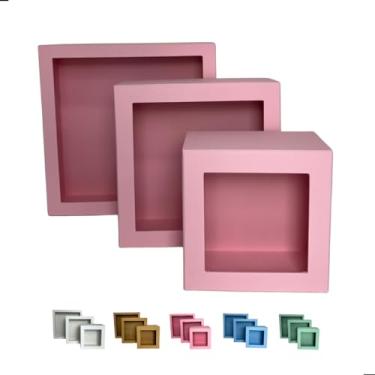 Imagem de Kit 3 Nichos Quadrados Rosa Para Quarto Sala Material MDF Fixo para Parede - Enfeite e Decoração