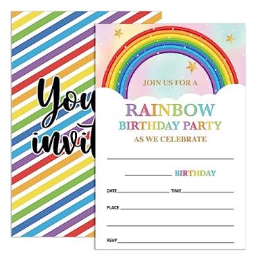 Imagem de UDNADKEX Convites de aniversário arco-íris com envelopes, convites para meninas festa de aniversário arco-íris, cartões de convite de festa de aniversário coloridos, 10 x 15 cm, conjunto de 20,