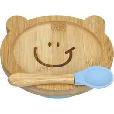 Imagem de Prato Infantil Criança Bebê Com Colher E Ventosa Home&co Ursinho Bambu 3x16x13cm Natural