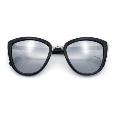 Imagem de SA106 Óculos de sol femininos com lentes espelhadas coloridas grandes olho de gato, Matte Black Silver Mirror, One Size