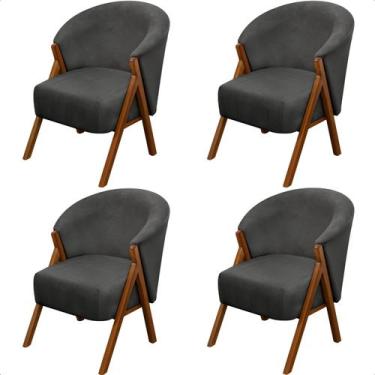 Imagem de Kit 4 Poltrona Sala Yumi Veludo Cinza Pés Madeira Maciça Castanho - AR