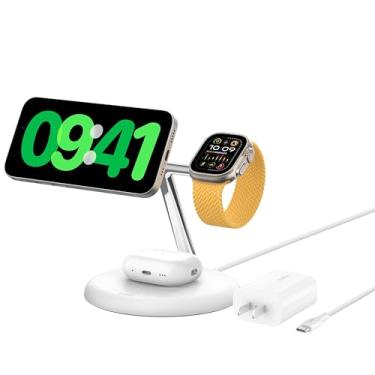 Imagem de Belkin Suporte de carregador sem fio 3 em 1 compatível com MagSafe de 15 W - Estação de carregamento sem fio com certificação Qi2, carregamento rápido de iPhone 16, AirPods e Apple Watch - 36 W
