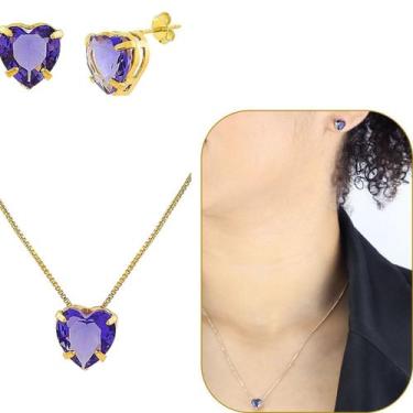 Imagem de Conjunto de coração de cristal 10mm Lilás banhado a ouro 18k - Morgani