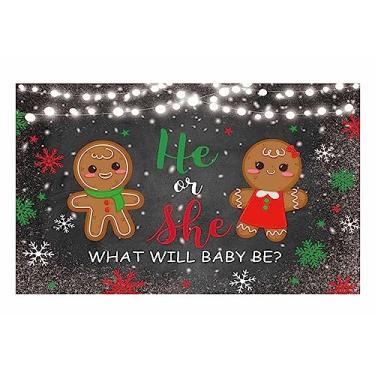 Imagem de Funnytree 2,1 m x 1,5 m de fundo de revelação de gênero de inverno, biscoito de gengibre, ele ou ela o que está assando, banner de festa para meninos ou meninas, artigos de decoração para chá de bebê, lembrancinhas, presentes, adereços para cabine fotográfica