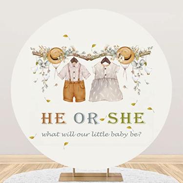 Imagem de Leyiyi 2,2 x 2,2 m Capa de fundo redonda revelação de gênero poliéster What Will Our Little Baby Be Fundo de fotografia Ramos rústicos folhas de eucalipto roupas para bebês meninos meninas decoração