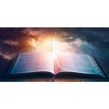 Imagem de DORCEV 6 x 3 m, pano de fundo de páscoa com crucifixo brilhante, livro bíblico, Jesus Cristo, cruz, Deus abençoe, fundo fotográfico, igreja, Natal, faixa cristã