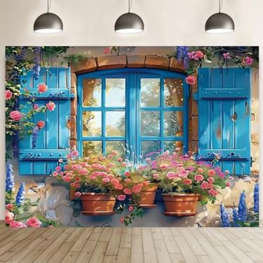 Imagem de Flores da primavera azul quarto janela fotografia fundo azul janela porta papel de parede romântico flor de sonho menina retrato de princesa fundo bolo esmagamento festa banner (18 x 1,5 m)