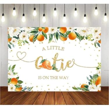 Imagem de BIENVENUE BABY™, Grande Little Cutie está a caminho pano de fundo para chá de bebê, revelação de gênero, fundo de fotografia laranja mandarina cítrica, 2,8 m x 1,5 m