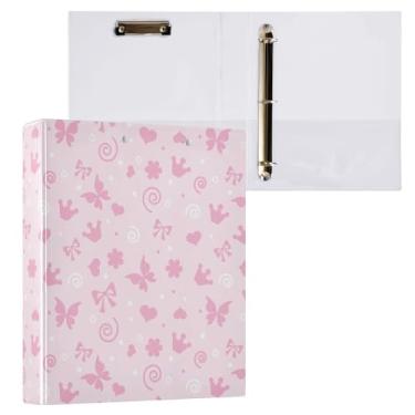Imagem de Fichário de 3 anéis com 3 anéis com estampa de coroa de flores de coração de borboleta rosa 3,8 cm com prancheta e 3 bolsos transparentes, comporta 200 folhas de fichário de papel tamanho A4 para