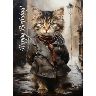 Imagem de PIXILUV Cartão de felicitações Happy BIRTHDAY ~ Gatinho malhado fofo fofo em um trench coat escuro e bolsa mensageiro ~ Cartão de saudações de aniversário grande estilo vintage