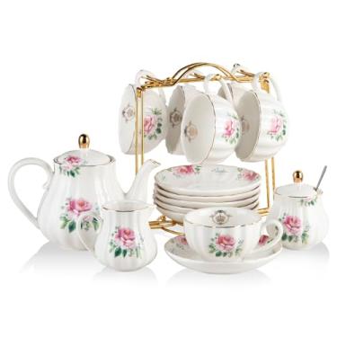 Imagem de Jogo de chá de porcelana série British Royal, xícaras de 236 ml e pires para 6, com bule, açucareiro, leiteira, colheres de chá e infusor, adequado para chá da tarde, casamento, festa, rosa-blush