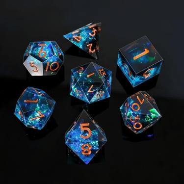 Imagem de DND Dice Set Sharp Edge Dice Set 7 Piece DND polyhedral Dice Numbers with Gold Leaf Exquisite Tin Box Packaging,Ideal for Dungeons & Dragons RPG and Board Games (Black and Blue)