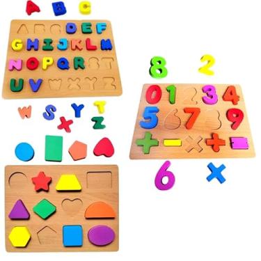 Imagem de Kit de Brinquedos Didáticos Educativos de Encaixar Letras Formas Geométricas e Números de Madeira