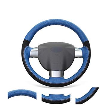 Imagem de MEWANT Capa de volante de carro feita à mão de camurça sintética preta e couro artificial azul para Ford Focus 2 2005-2011 (3 raios)