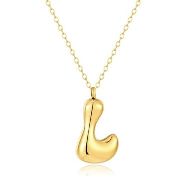 Imagem de Kainier Colar feminino com letra de bolha, pingente colorido com nome do alfabeto, pingente delicado fofo banhado a ouro 14 K, joias para presente.., Aço inoxidável, Sem Pedra Preciosa