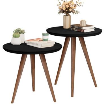 Imagem de Mesa de Canto e Apoio Redonda Pés Palito em Madeira Modelo Retro Decorativa Star Preta