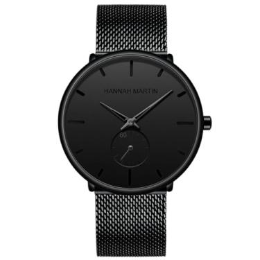 Imagem de HANNAH MARTIN Relógio masculino preto ultra fino relógio de pulso masculino moda à prova d'água pulseira de aço inoxidável, Preto completo, Movimento de quartzo