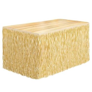 Imagem de Fovths 1 pacote com saia de mesa de grama Luau com franja de palha e grama 267 x 76 cm, saias de mesa havaianas de hibisco, retangulares, decorações de festa de luau tropicais para decorações