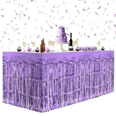 Imagem de Pacote com 2 saias de mesa roxas claras, saias de mesa metálicas de 73,66 x 274,32 cm com franjas para mesas retangulares, cortinas de flâmula, pano de fundo, decorações de festa para aniversários,