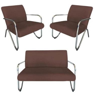 Imagem de Kit Namoradeira + 2 Poltronas Decorativa Bela Suede Marrom Braço Croma