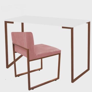 Imagem de Kit Mesa Escrivaninha Stan e Cadeira Lee Industrial Escritório Tampo Branco Bronze Sued...