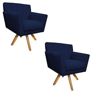 Imagem de kit 02 Poltronas Decorativa Laura Base Giratória de Madeira Suede Azul Marinho - Amarena Móveis