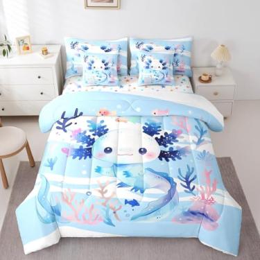 Imagem de Feelyou Jogo de cama infantil casal de axolotl fofo, vida marinha do oceano, 7 peças, conjunto de edredom com estampa de animais kawaii, salamandra, adolescentes, 7 peças