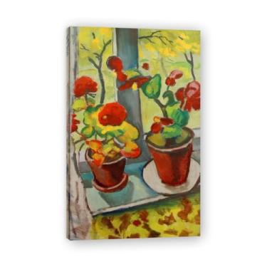 Imagem de Famosas impressões em tela. "Flowers by the Window" de August Macke, reproduções de arte clássicas, decoração de parede moderna para sala de estar escritório moldura interna 40 x 65 cm-15,7 x 25,6 pol