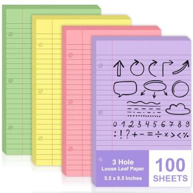 Imagem de 100 folhas de papel de folha solta, 13 x 21 cm, papel pautado para faculdade, para mini fichário de 3 anéis, 3 furos para caderno, pastas de bolso para material escolar (100)
