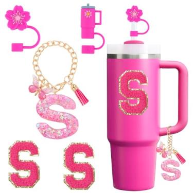 Imagem de QUNNDY Conjunto de acessórios para copo Stanley Cup 850.5 g 1,134.0 g copo com alça, incluindo tampa de cobertura de palha de silicone, pingente de alça, adesivo de iniciais fúcsia (P)
