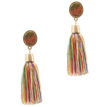 Imagem de MIRMARU Brincos femininos de borla de fio sedoso - Tom dourado com pedra natural e franja brincos pendurados., Metal