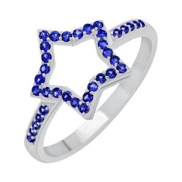 Imagem de GOURIK Anel de safira em forma de estrela banhado a ouro branco tamanho 6 para mulheres - Pedra do mês de setembro resistente ajuste confortável sem manchas anel midi delicado - joia leve presentes de