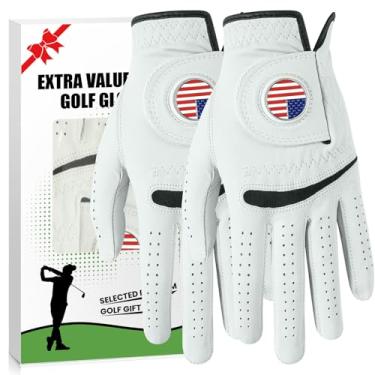 Imagem de Luvas de golfe masculinas Cabretta de couro com marcador de bola, pacote com 2, aderência antiderrapante para todos os climas para golfista canhoto destro, luva de golfe masculina premium respirável