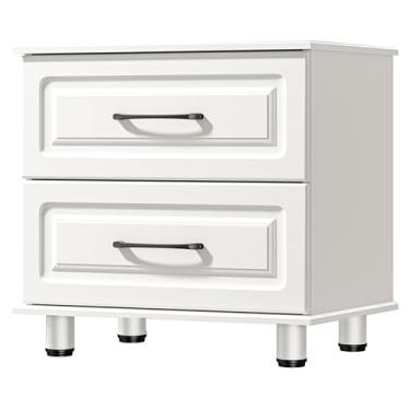 Imagem de Mesa de cabeceira branca com 2 gavetas, cômoda pequena para armário de quarto, cômoda de madeira com alças de aço, cômoda de meados do século para sala de estar, escritório