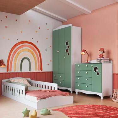Imagem de Quarto Infantil Completo Aquarela 4 Portas 6 Gavetas Branco/Verde - Pn