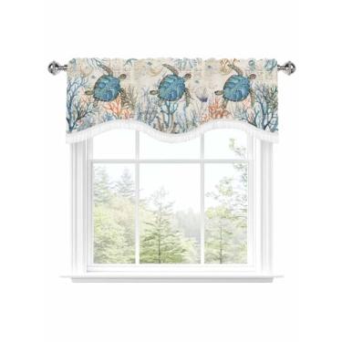 Imagem de Saia vintage de tartaruga oceânica para janelas com bolso de varão 45,7 cm de comprimento para cozinha, sanefa coral de estrela-do-mar para quarto, sala de estar, 137 cm L x 45,7 cm C com borla, 1