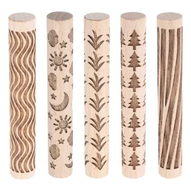 Imagem de HARFINGTON Rolo de argila de madeira, 5 peças, 10 cm, lua e estrelas, grama, árvore, linhas de madeira, padrão de textura de grãos, rolos, ferramentas de cerâmica, rolos para argila para assar massa
