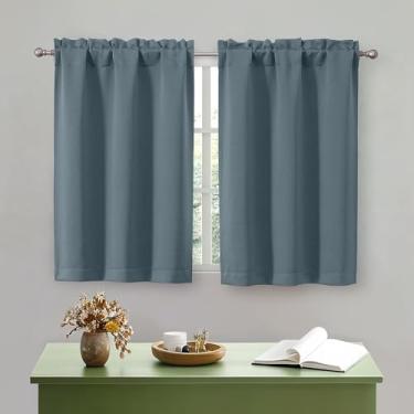 Imagem de OWENIE Cortinas de cozinha azul pedra 91 cm de comprimento, pequenas cortinas blackout com isolamento térmico camada sobre a pia, bolso para varão, meia janela para banheiro, quarto, acampamento
