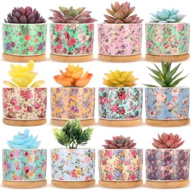 Imagem de Threehoney Pacote com 12 vasos de cerâmica para suculentas, mini vasos de flores coloridos de 7 cm com orifício de drenagem e bandejas de bambu para plantas pequenas, flores, cactos, decoração de