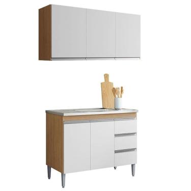 Imagem de Balcão de Pia 100cm e Armário Aéreo Andréia 3 Portas Amêndoa Branco - AJL