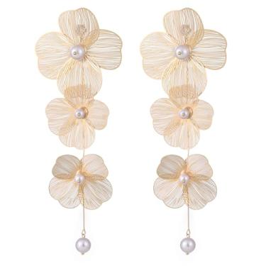 Imagem de Brincos de flor dourados, brincos de borla de folha de ginkgo biloba, brincos grandes de metal, brincos boêmios, pétalas em camadas, joia floral para mulheres, Large, Zinco, Liga metálica.