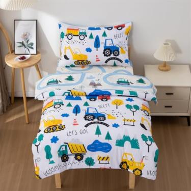 Imagem de NTBED Conjunto de cama infantil de construção de 4 peças, para meninos, caminhões, escavadeiras, carros, inclui edredom, lençol de cima, lençol com elástico e fronha, azul