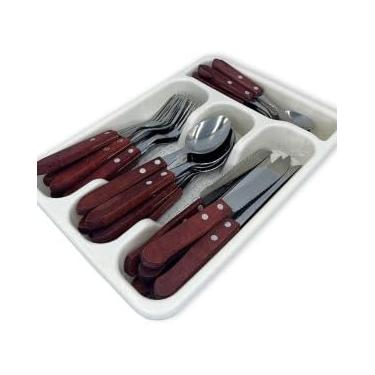 Imagem de Conjunto de Talheres 24 Peças com Porta Talheres, Cabo em Madeira, Inox, 6 Facas 22,2 cm, 6 Garfos 20,1 cm, 6 Colheres 19,5 cm, 6 Colheres Sobremesa 15 cm
