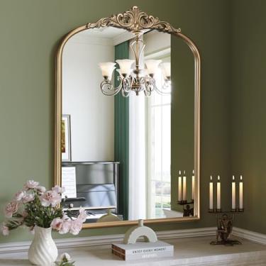 Imagem de Wiserset Espelho dourado antigo arqueado, espelho de banheiro vintage de 71 x 91 cm, espelho de parede de latão arqueado ornamentado para pia/lareira/entrada