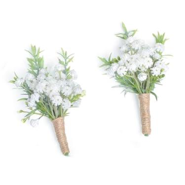 Imagem de YSUCAU Boutonnieres de bebê para homens, casamento, conjunto de 2, flores brancas naturais para noivos e padrinhos com alfinete para casamento, formatura e baile de formatura rústico