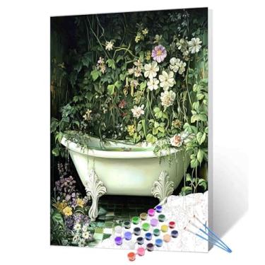 Imagem de Banheira vintage DIY pintura por números para adultos banheira cercada por flores kit de pintura por números em tela com pincéis e pigmento para iniciantes decoração de parede de casa presentes 40,6