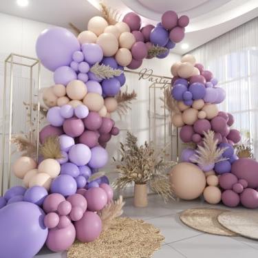 Imagem de MOXMAY Boho Kit de arco de guirlanda de balões roxo empoeirado e laranja pastel, 160 peças de balões roxos lavanda roxa pastel para revelação de gênero, casamento, aniversário, chá de bebê, decorações
